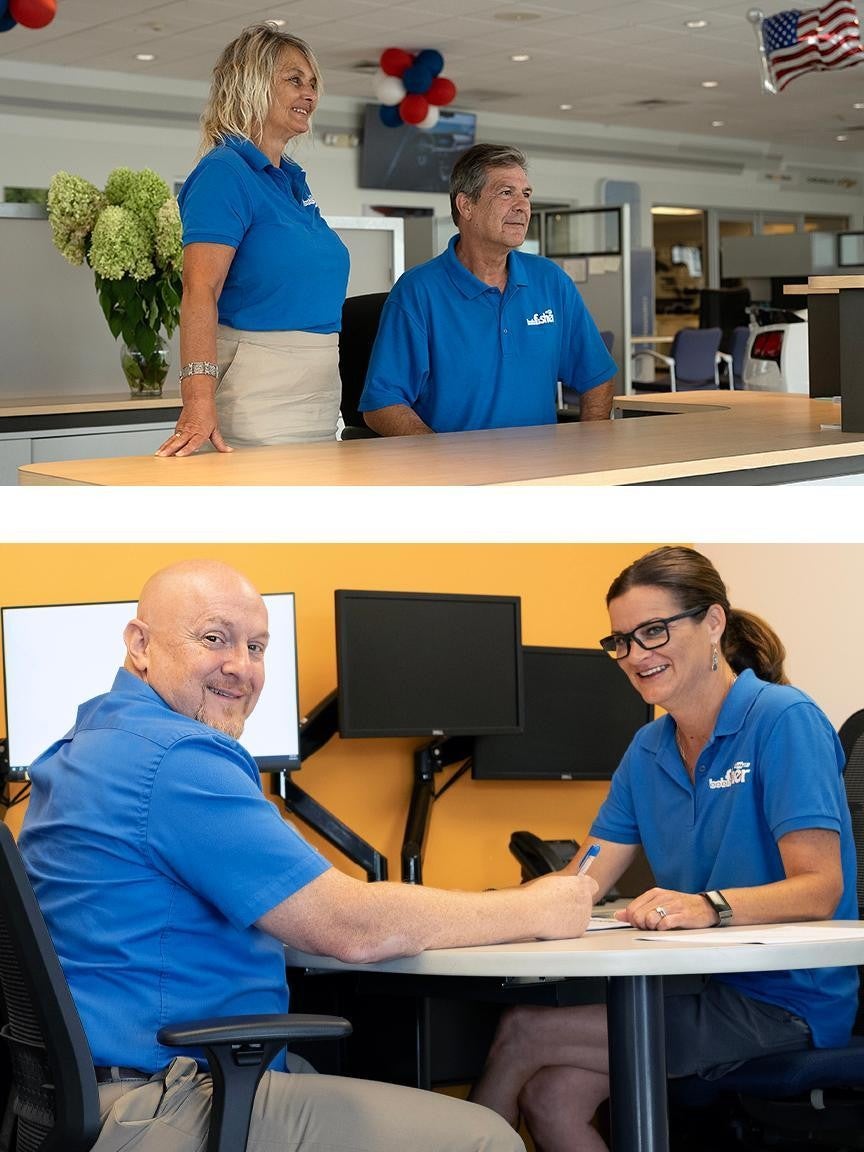 two pictures merged of sales employees seating on desk